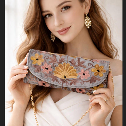 Kashmiri Aari Work Clutch | Handmade Floral Embroidered Velvet Purse