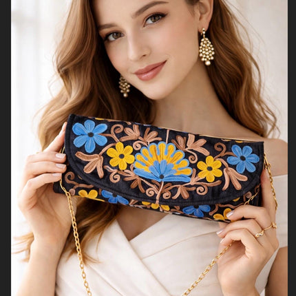 Kashmiri Aari Work Clutch | Handmade Floral Embroidered Velvet Purse