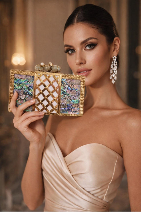 Mother of Pearl Seashell Clutch with Gold Trim - product photo 1