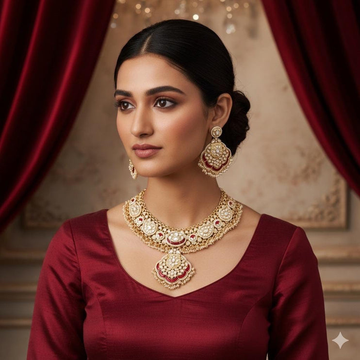 Kundan Ruby Necklace Set | Pachi Polki Bridal Jewelry Color-Ruby
