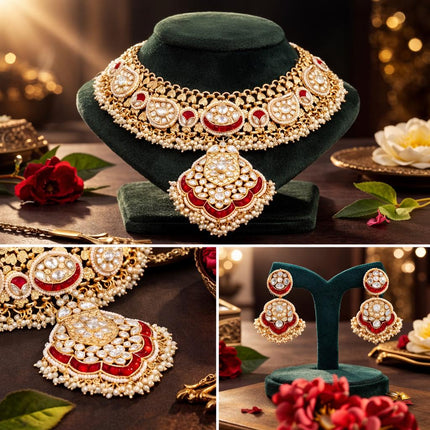 Kundan Ruby Necklace Set | Pachi Polki Bridal Jewelry Color-Ruby