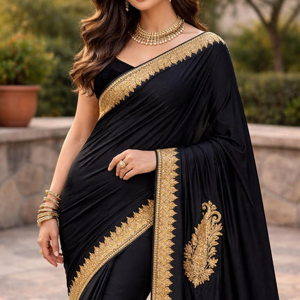Kashmiri Italian crape Saree | hand Tila embroidered | Jet black color
