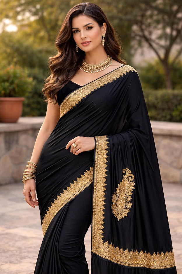 Kashmiri Italian crape Saree | hand Tila embroidered | Jet black color