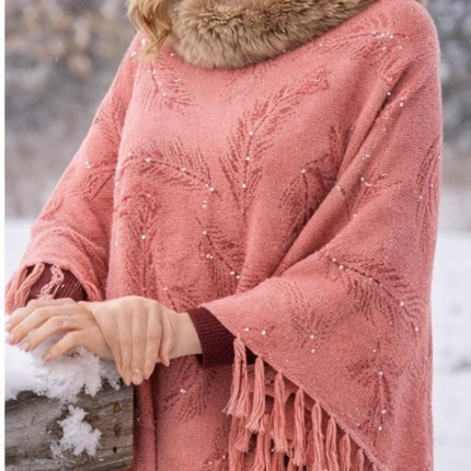 warm designer wool poncho - a wearable masterpiece | Pink with Pearls all over