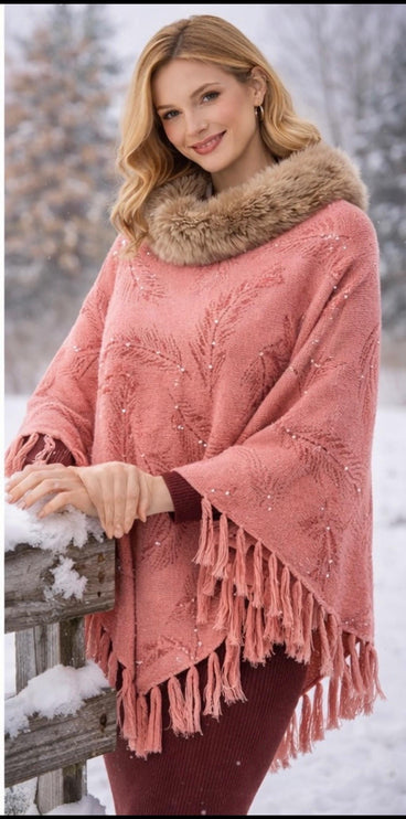 warm designer wool poncho - a wearable masterpiece | Pink with Pearls all over