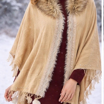 Wool Poncho with Fur Collar / Tassels on the border Flowers or Paisley pattern