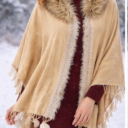 Embroidered Wool Poncho with Fur Collar - Pearl & Lace Details