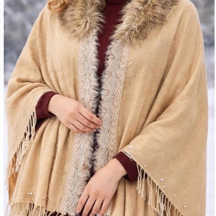 Embroidered Wool Poncho with Fur Collar - Pearl & Lace Details