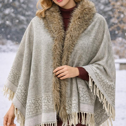 Wool Poncho with Fur Collar / Tassels on the border Flowers or Paisley pattern