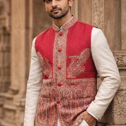 Mens Kani Pashmina Waistcoat, Woven Paisley, Indian Fashion