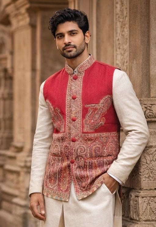 Mens Kani Pashmina Waistcoat, Woven Paisley, Indian Fashion