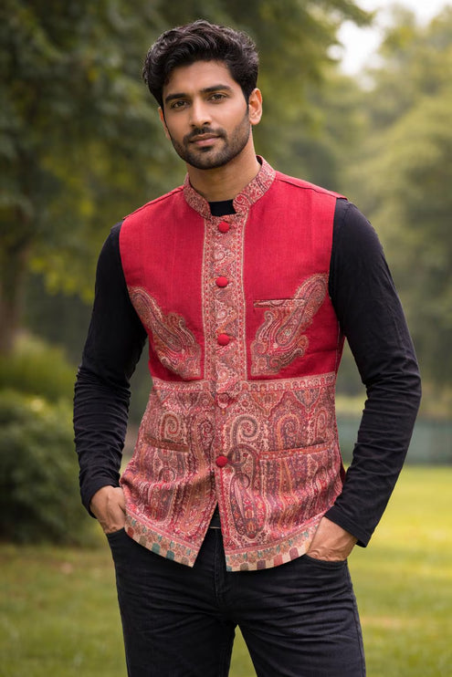 Mens Kani Pashmina Waistcoat, Woven Paisley, Indian Fashion
