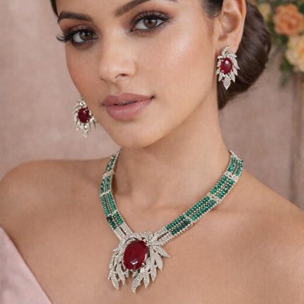 Doublet Stone Bridal Necklace Set | Silver Finish, Diamonds