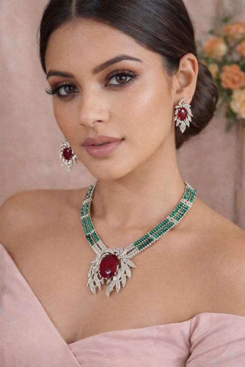 Doublet Stone Bridal Necklace Set | Silver Finish, Diamonds