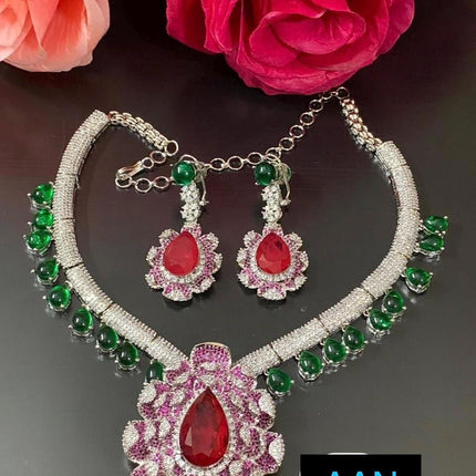 Ruby Green Doublet Necklace Set | Silver Inspired Bridal Jewelry