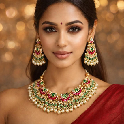 Ruby Emerald Jadau Necklace Set | Handmade Wedding Jewelry