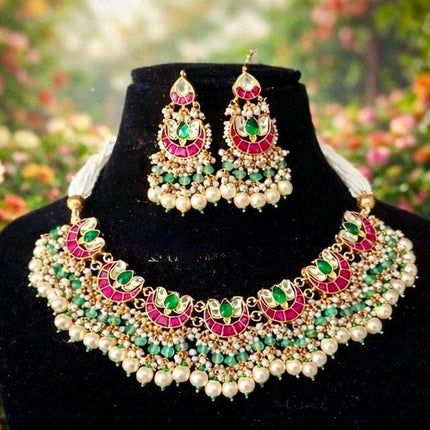 Ruby Emerald Jadau Necklace Set | Handmade Wedding Jewelry