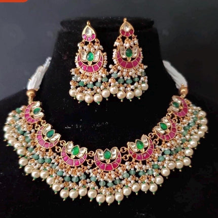 Ruby Emerald Jadau Necklace Set | Handmade Wedding Jewelry