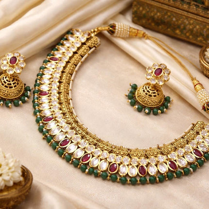 Handmade Royal Ruby & Kundan Necklace Set | Silver Finish