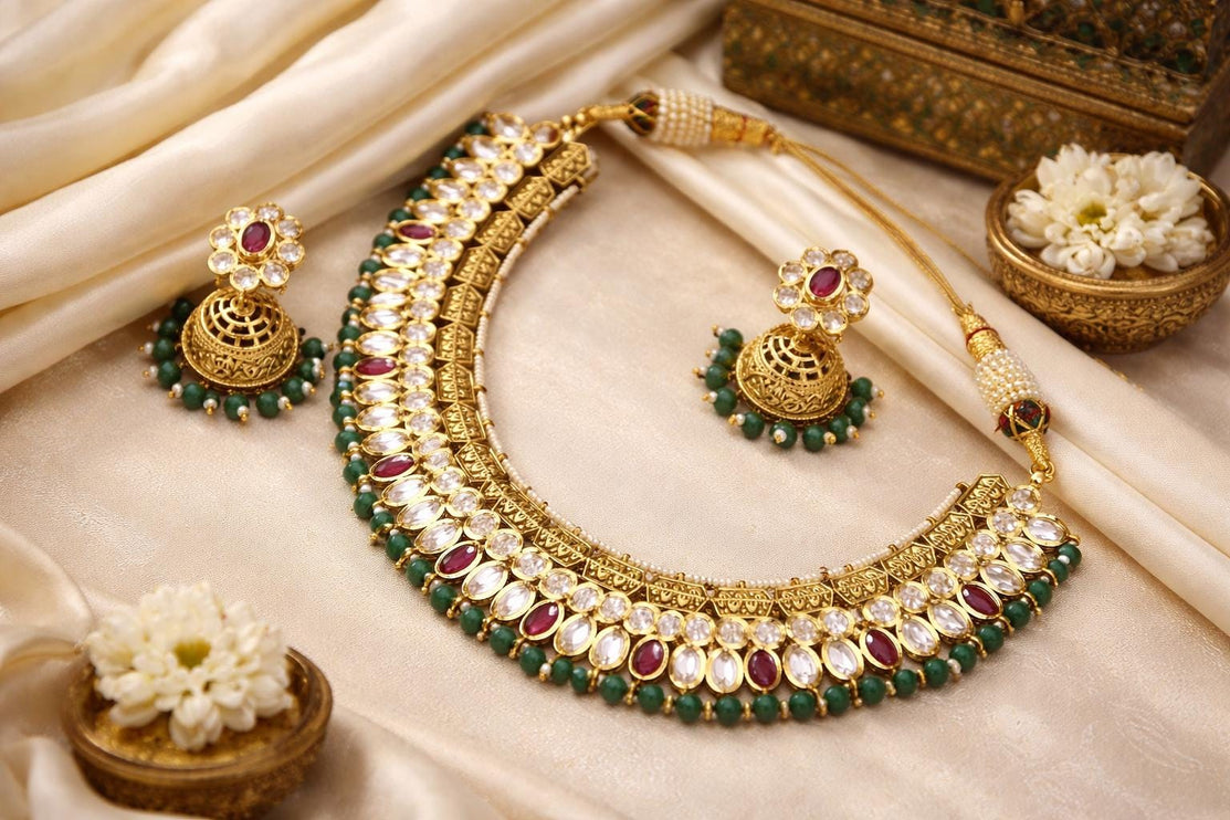 Handmade Royal Ruby & Kundan Necklace Set | Silver Finish
