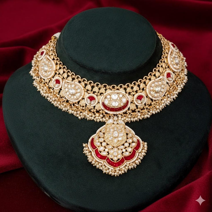 Kundan Ruby Necklace Set | Pachi Polki Bridal Jewelry Color-Ruby