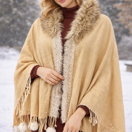 Wool Poncho with Fur Collar / Tassels on the border Flowers or Paisley pattern