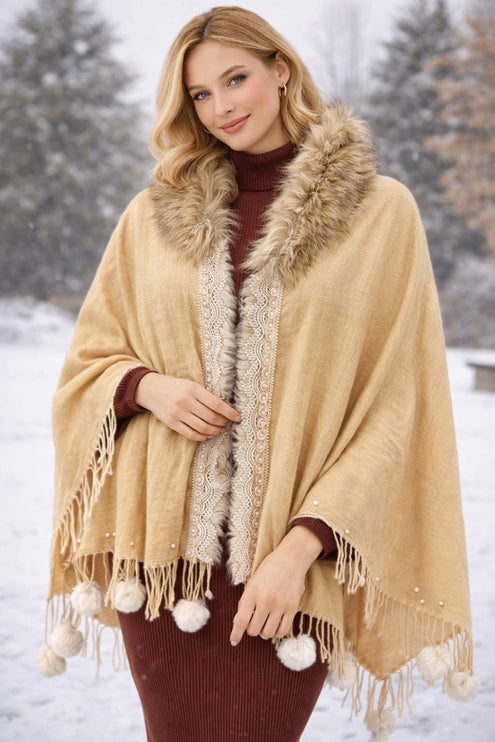 Embroidered Wool Poncho with Fur Collar - Pearl & Lace Details