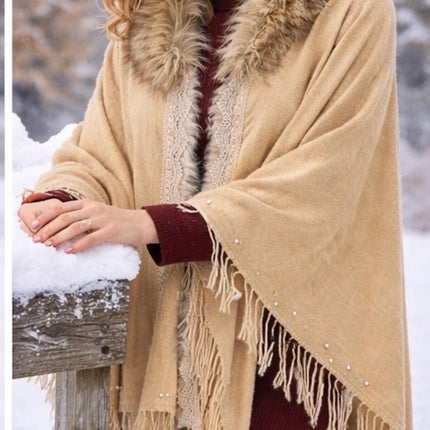 Embroidered Wool Poncho with Fur Collar - Pearl & Lace Details