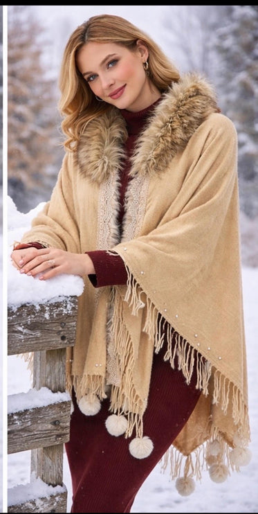 Embroidered Wool Poncho with Fur Collar - Pearl & Lace Details