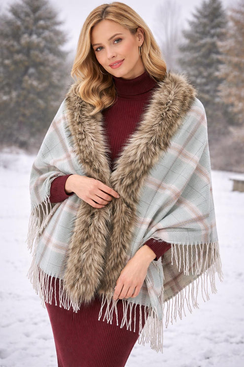 Wool Poncho with Fur Collar / Tassels on the border checks pattern