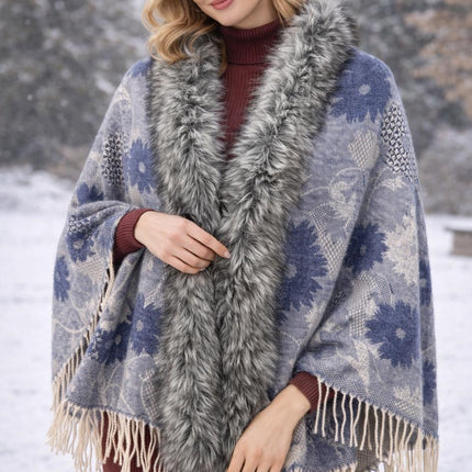 Wool Poncho with Fur Collar / Tassels on the border Flowers or Paisley pattern