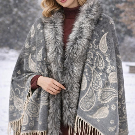 Wool Poncho with Fur Collar / Tassels on the border Flowers or Paisley pattern