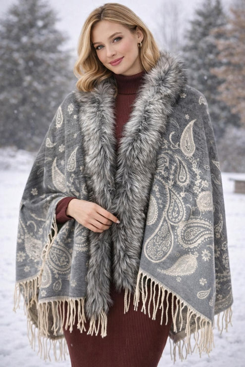 Wool Poncho with Fur Collar / Tassels on the border Flowers or Paisley pattern