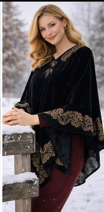 Warm designer Velvate poncho with stones golden color work - a wearable masterpiece |