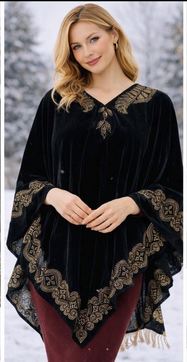 Warm designer Velvate poncho with stones golden color work - a wearable masterpiece |