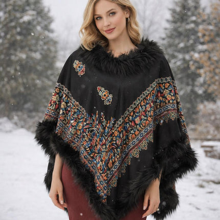 Kalamkari warm designer wool poncho - a wearable masterpiece | Black with multi color