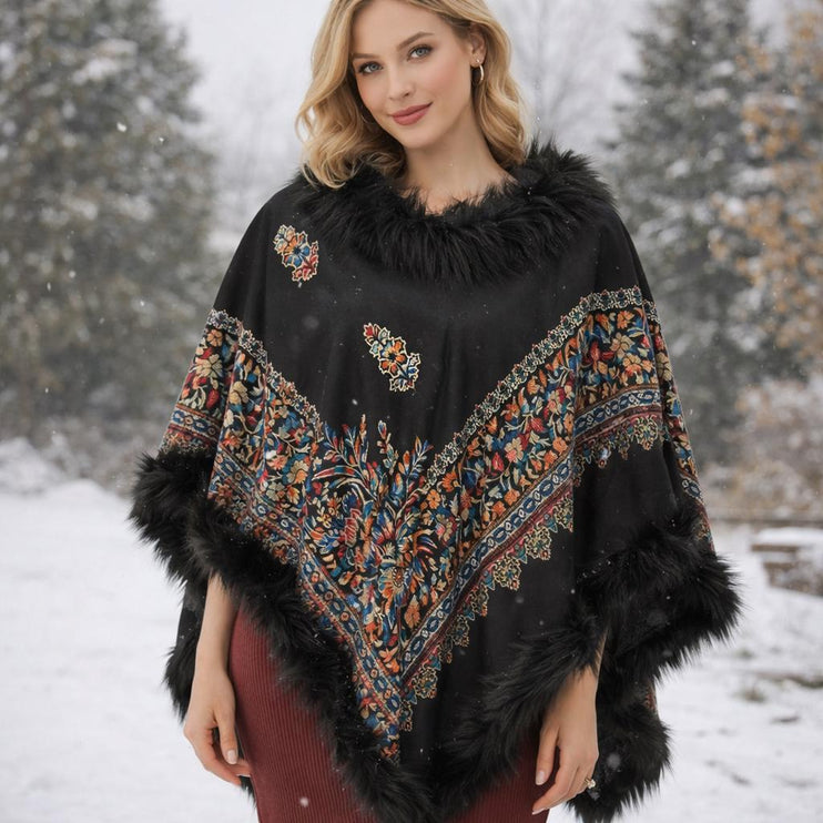 Kalamkari warm designer wool poncho - a wearable masterpiece | Black with multi color