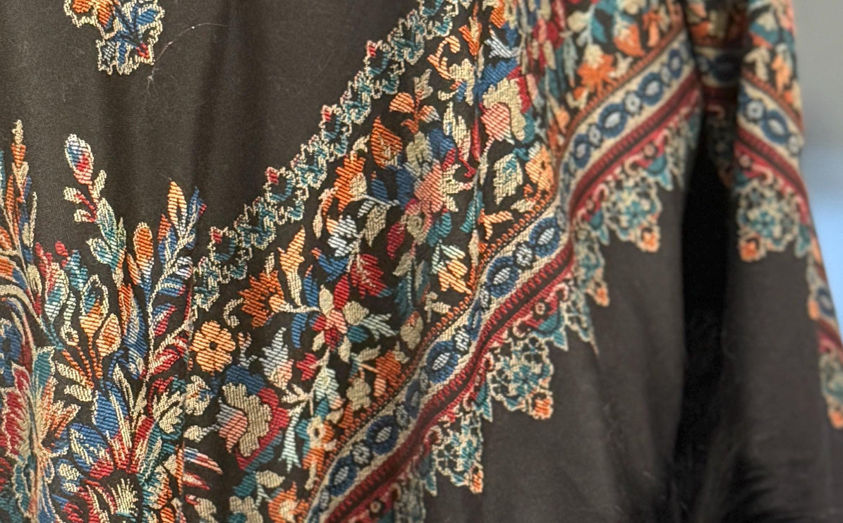 Kalamkari warm designer wool poncho - a wearable masterpiece | Black with multi color