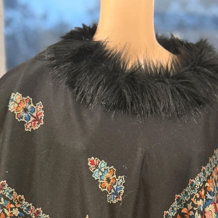 Kalamkari warm designer wool poncho - a wearable masterpiece | Black with multi color
