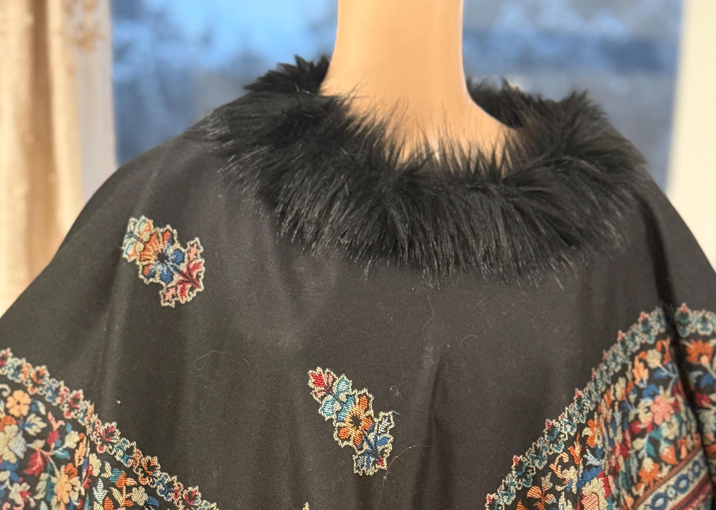 Kalamkari warm designer wool poncho - a wearable masterpiece | Black with multi color