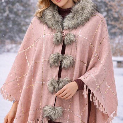 Wool Poncho with Fur Collar / Tassels on the border checks pattern