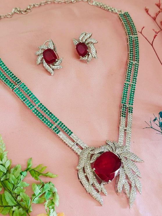 Doublet Stone Bridal Necklace Set | Silver Finish, Diamonds