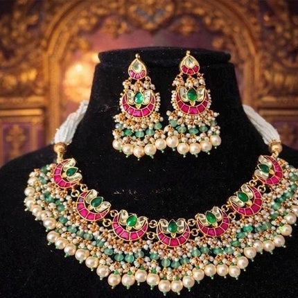 Ruby Emerald Jadau Necklace Set | Handmade Wedding Jewelry