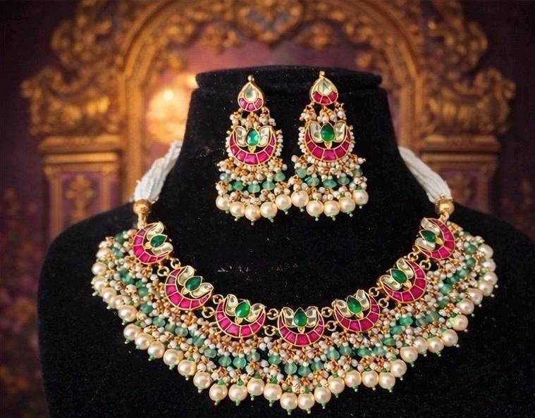 Ruby Emerald Jadau Necklace Set | Handmade Wedding Jewelry