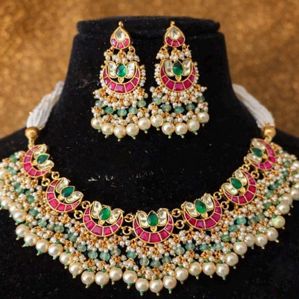 Ruby Emerald Jadau Necklace Set | Handmade Wedding Jewelry
