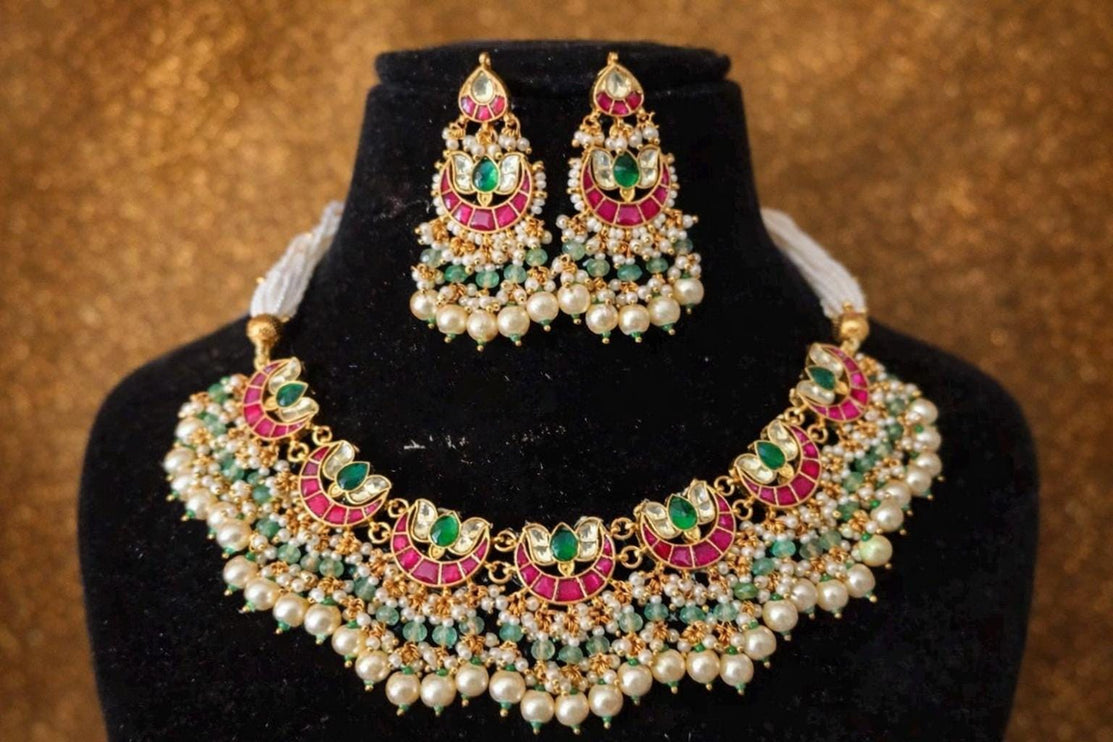 Ruby Emerald Jadau Necklace Set | Handmade Wedding Jewelry