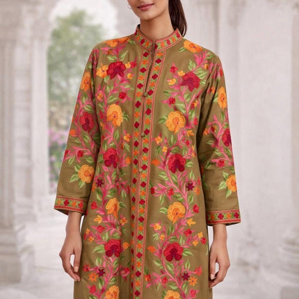 Kashmiri Wool Jacket | Handwoven Embroidered Artwear, Size 44