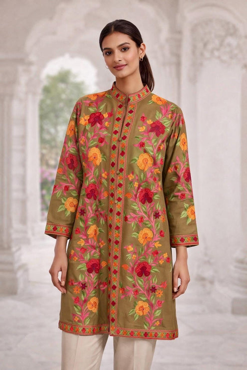 Kashmiri Wool Jacket | Handwoven Embroidered Artwear, Size 44