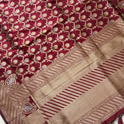 Hand Woven Banarasi Katan Silk Saree | Jangla Weaving, Maroon color with Meenakari gold work