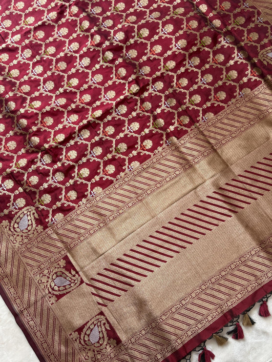 Hand Woven Banarasi Katan Silk Saree | Jangla Weaving, Maroon color with Meenakari gold work